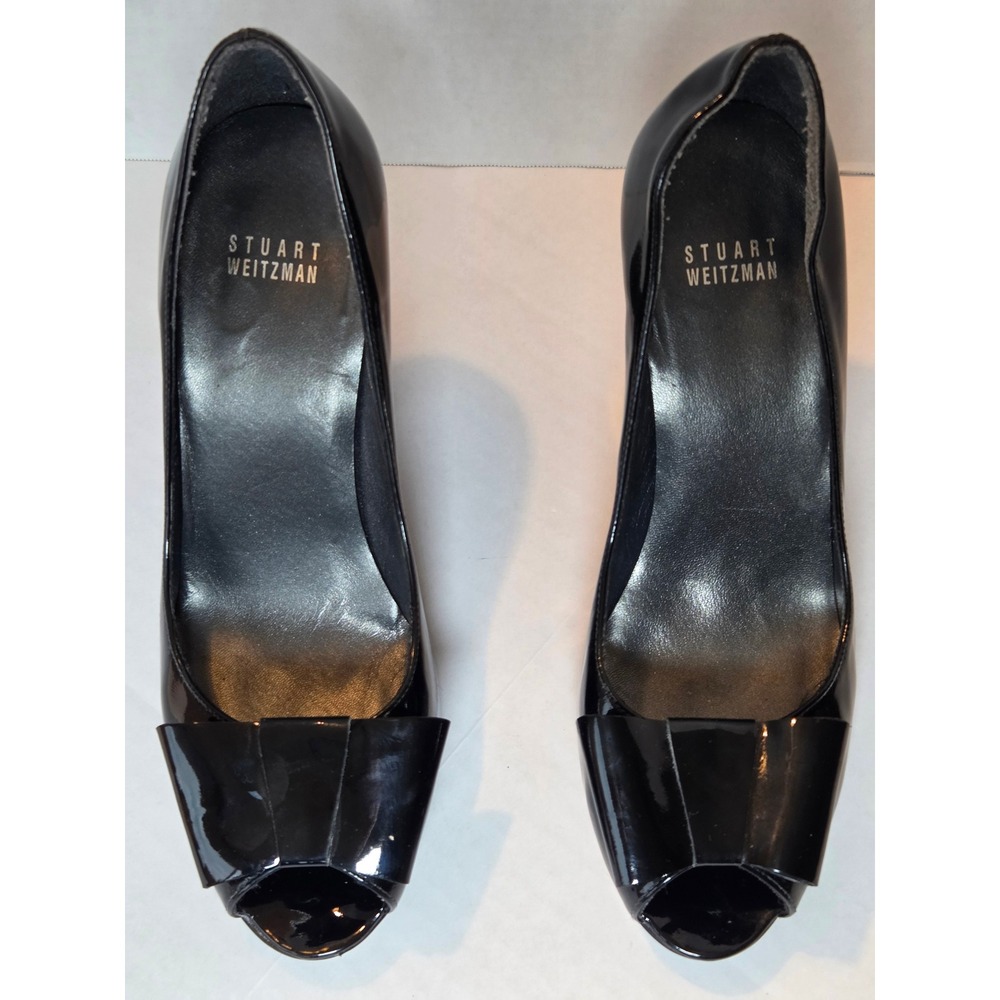 Stuart Weitzman Peep Toe Pumps Womens 7.5 Black Patent Leather Bow Block Heel